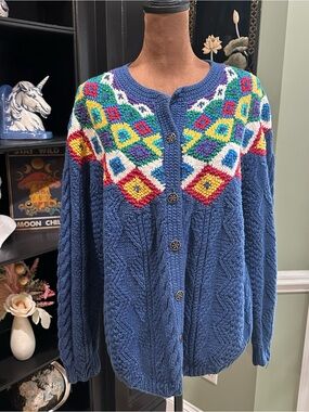 Vintage 1990s Northern Isles Handmade Cotton Fair Isle Cardigan – Size Large